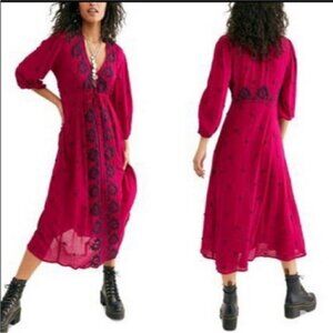 Free People Embroidered Fable Midi Dress Mystic Magenta Boho Chic Size S